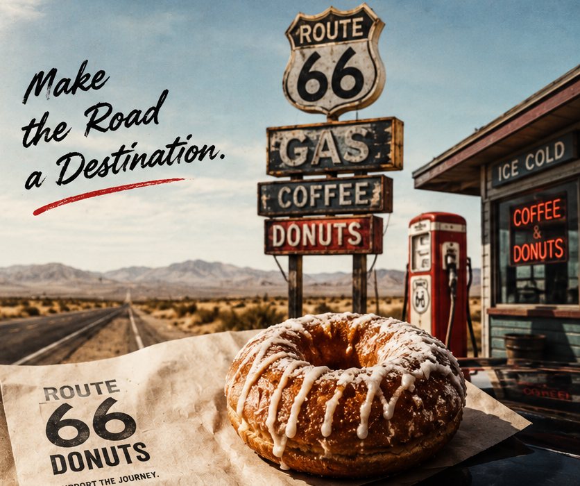 Route 66の標識と一本道